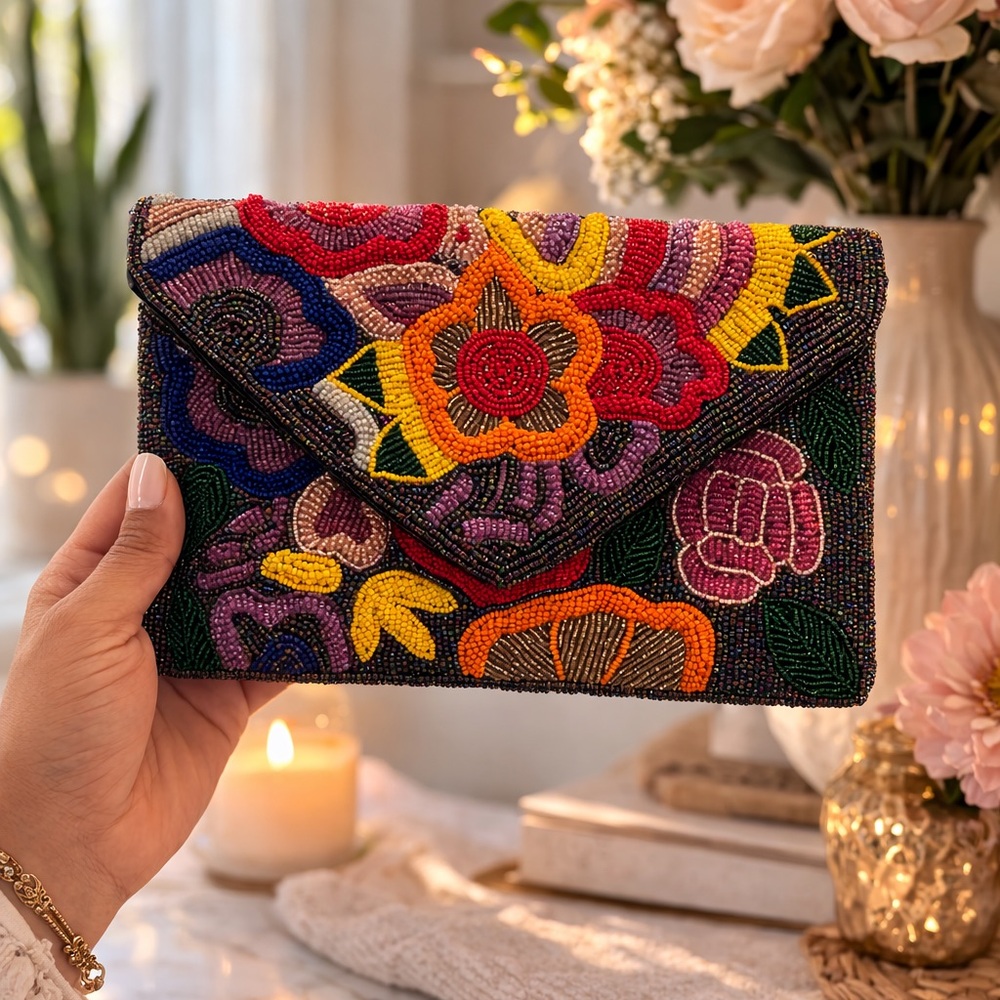 Beaded Floral Envelope Clutch - Multicolor